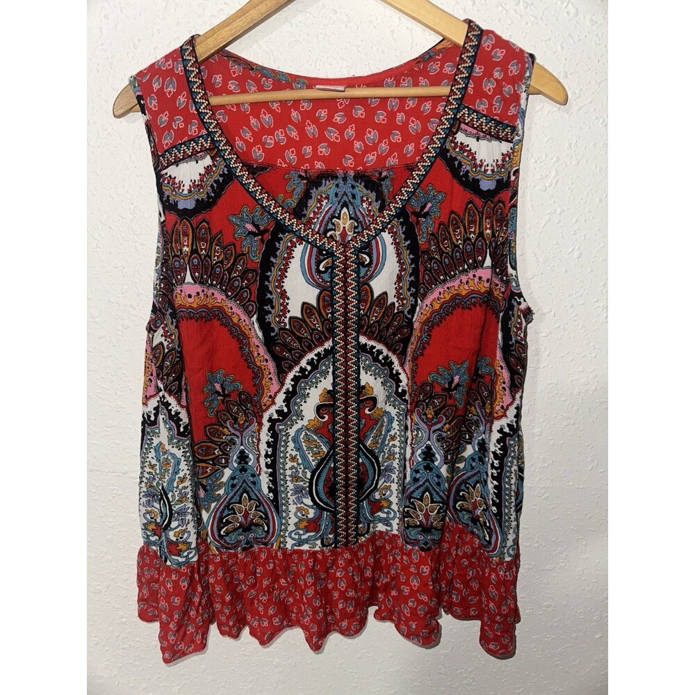 Bila Top Boho Floral Embroidered Collar Casual Sleeveless Red Blouse Women’s XL